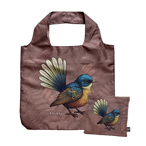 Fold-out reusable shopping bag with a New Zealand fantail design