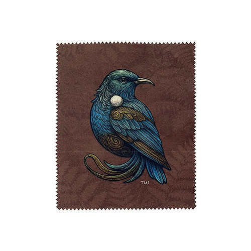 Lens and screen cleaning cloth with a New Zealand tūī bird design