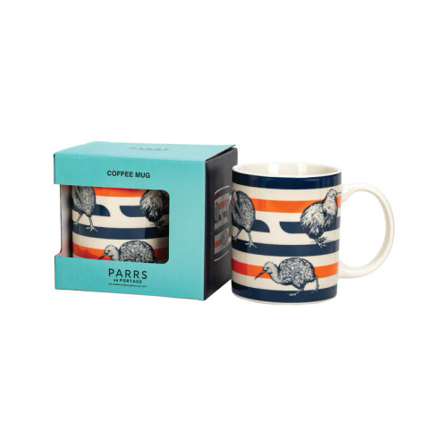 NZ Souvenir Coffee Mug - NZ Kiwi on blue and orange Stripe design