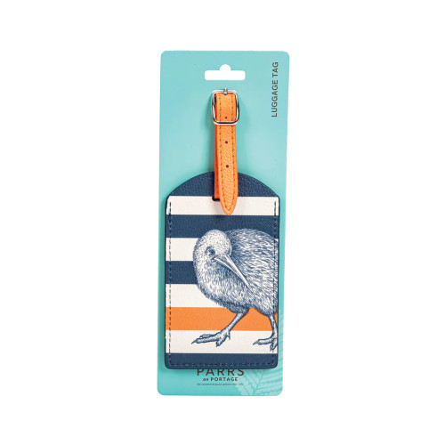 New Zealand kiwi luggage tag with navy blue and orange stripes