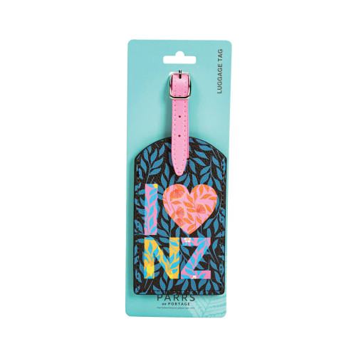 I Love NZ luggage tag with a colourful New Zealand floral design