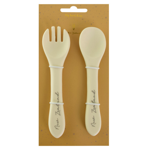 Baby silicone spoon and fork set with New Zealand on the handle
