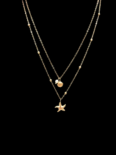 Double layer gold colour necklace with shell and starfish