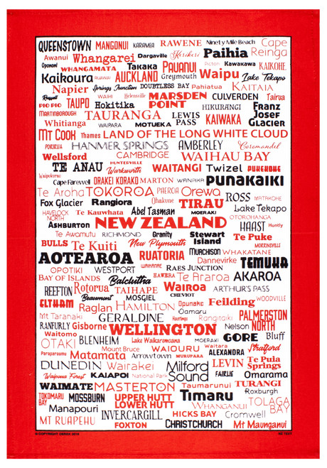 New Zealand Place names Tea Towel -Red |100% cotton