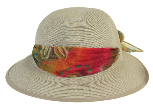 Grey Lani hat with colourful scarf trim