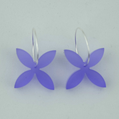 Acrylic frangipani flower earrings on silver-colour hoops