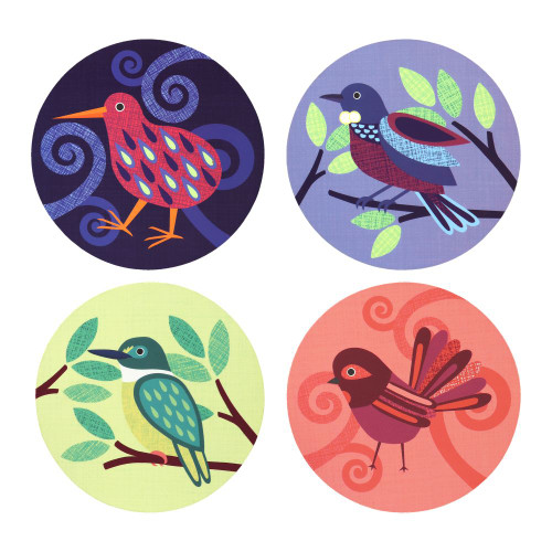 Coaster Set NZ Colourful Birds 4pc 10cm