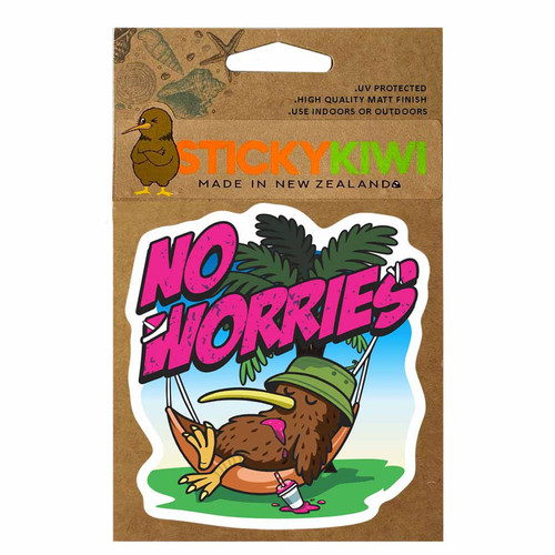 9cm sticker with Kiwi in a hammock and No Worries