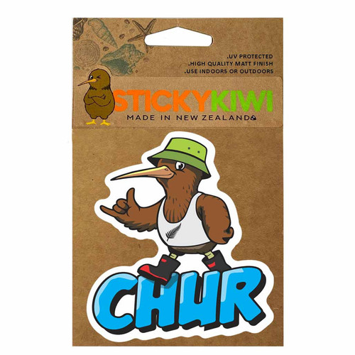 9cm sticker with a Kiwi in gumboots and Chur