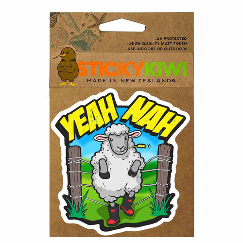 9cm sticker with sheep in gumboots and Yeah Nah