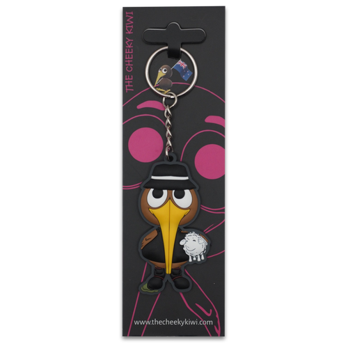 NZ kiwi farmer keyring wearing black singlet, hat and gumboots