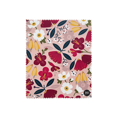 Pink lens and screen cleaning cloth with a New Zealand native flower design