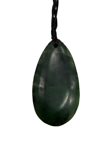 NZ greenstone teardrop pendant on black cord