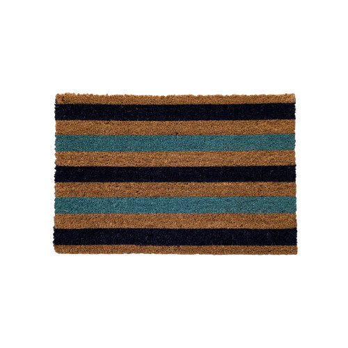 teal, black and natural striped pattern door mat made from coir (the outside husk of coconuts)