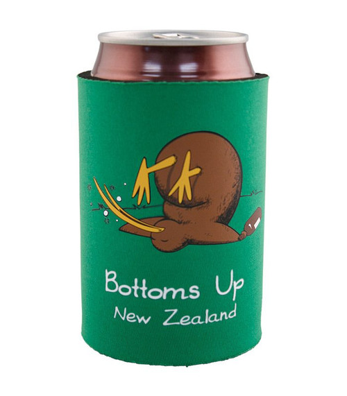 Can Cooler with an upside down Kiwi and the phrase "bottoms up"
