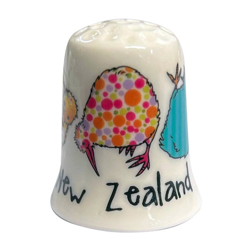 Ceramic New Zealand souvenir thimble with colourful Kaleidoscope Kiwi design
