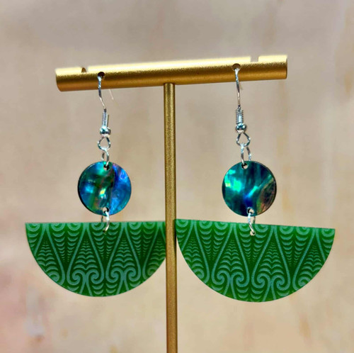 NZ made green semi circle earrings with kowhaiwhai pattern and NZ paua shell