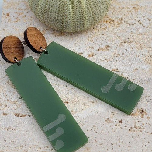 Green acrylic rectangle ponga fern earrings with wooden studs, made in New Zealand by SONZ