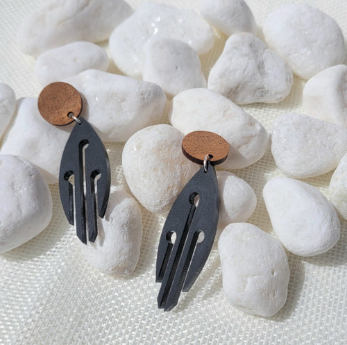 NZ made black acrylic ponga design earrings on wooden studs