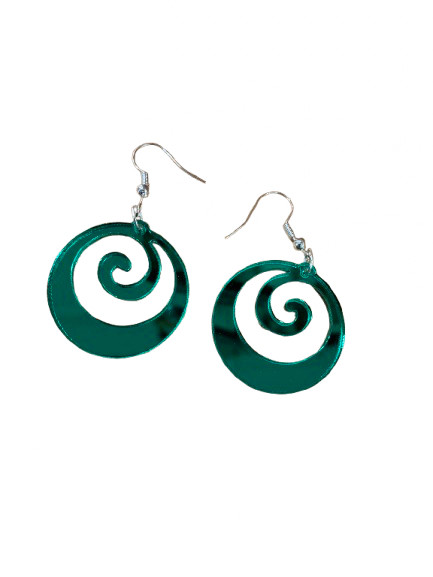 Mirror-green acrylic koru hook earrings by SONZ, made in New Zealand