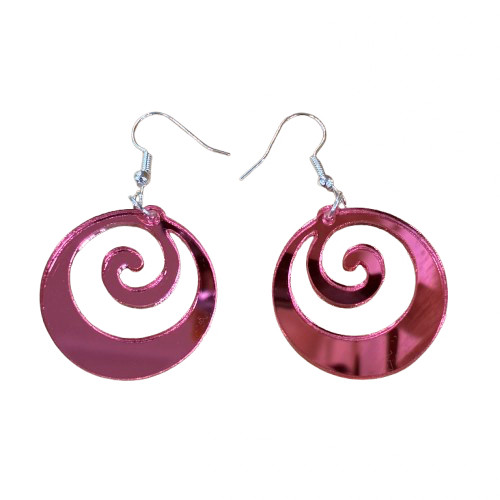 NZ made acrylic koru earrings on hooks - mirror pink