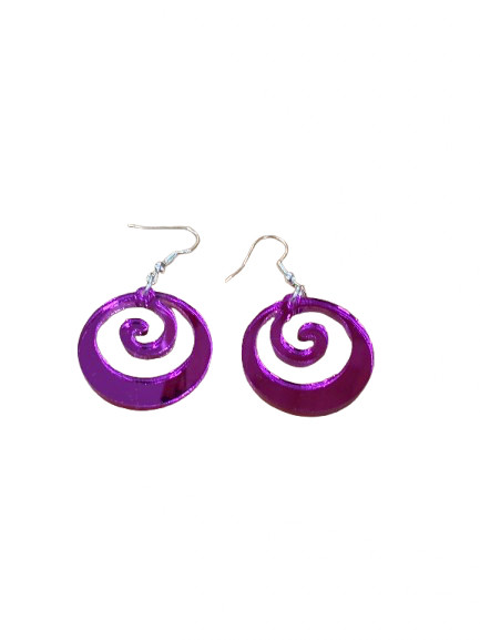 NZ made acrylic koru earrings on hooks - mirror purple