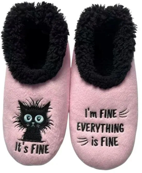 Pink Cozy Cat themed slippers with the saying 'I'm fine everyhting's fine'. The perfect comfy warm slipper for this winter.