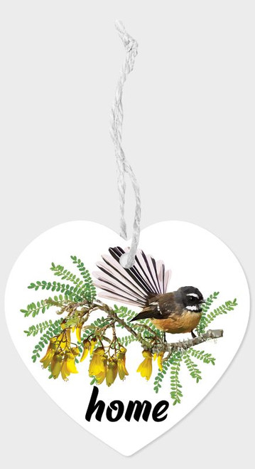Hanging Heart Shaped NZ ceramic tile with Fantail And Home