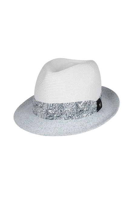 White fedora with blue and white paisley ribbon detail