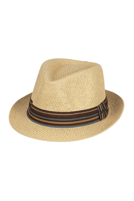 Natural colour Fedora with striped ribbon