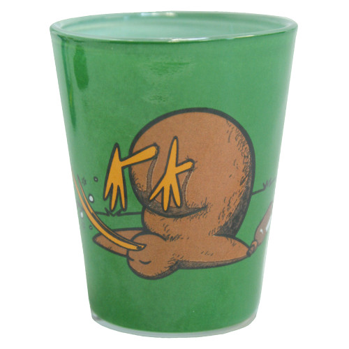 Green Bottoms Up souvenir shot glass featuring a kiwi
