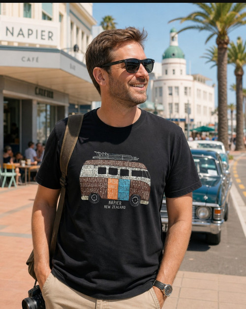 Napier NZ T-shirt with iconic van and surfboard on top with names of NZ surf beaches on van