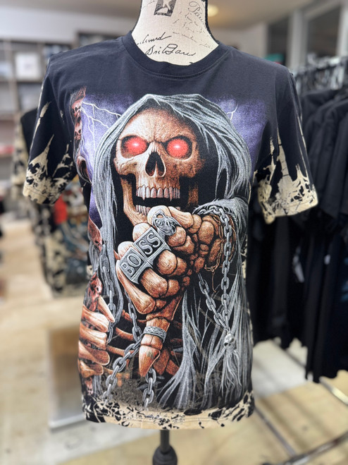Front veiw of Skeleton Reaper T-Shirt | Skull Staffed