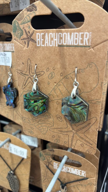 NZ paua shell solid hexagon earrings on hooks
