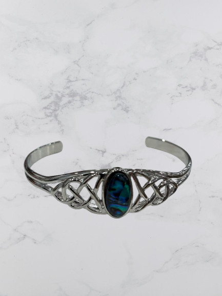 Silver plated Celtic style bangle with NZ paua shell oval inlay