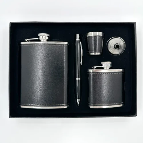 Black Hip Flask Set with Pen