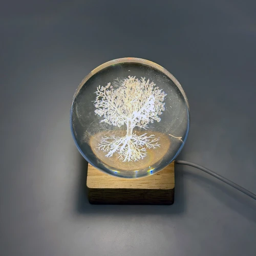 Tree of Life etched into crystal ball with LED light