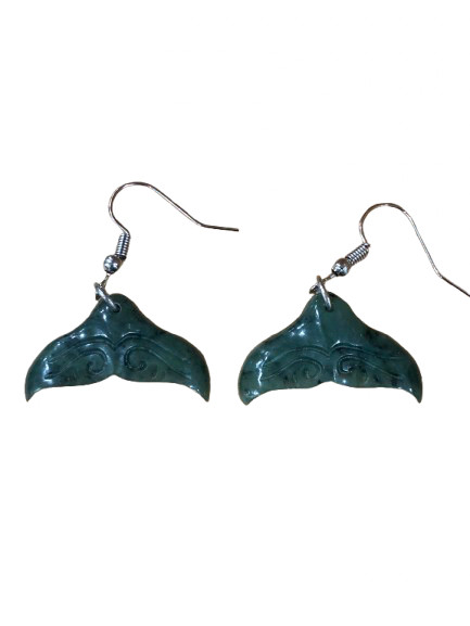 NZ greenstone whale tail earrings with koru engraving