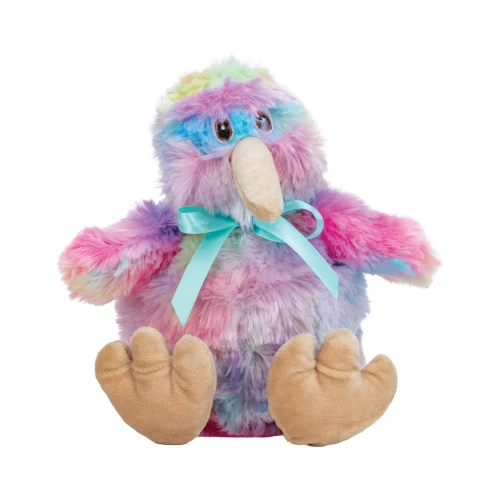 Rainbow-coloured 22cm New Zealand kiwi soft toy with teal ribbon