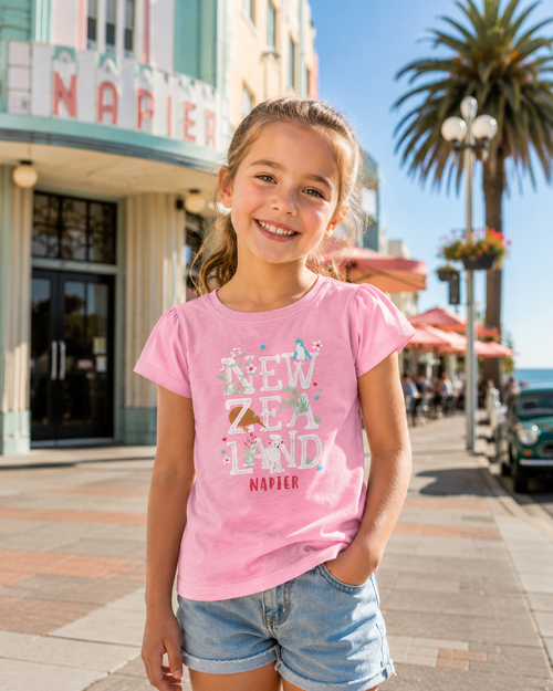 Pink Kids Napier, NZ Tshirt with Kiwi, lamb and penguin