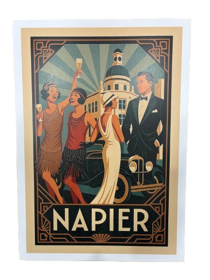Napier Art Deco A4 print with dancers outside The Dome and vintage car