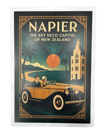 Napier NZ Art Deco Souvenir A4 print -  Vintage car and building