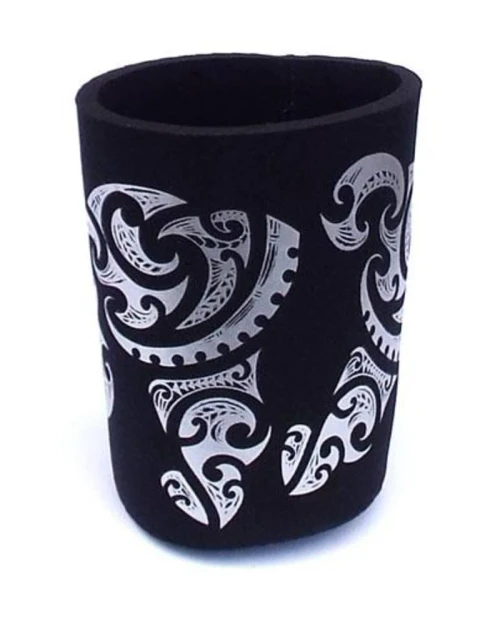 Black can cooler with silver tattoo design