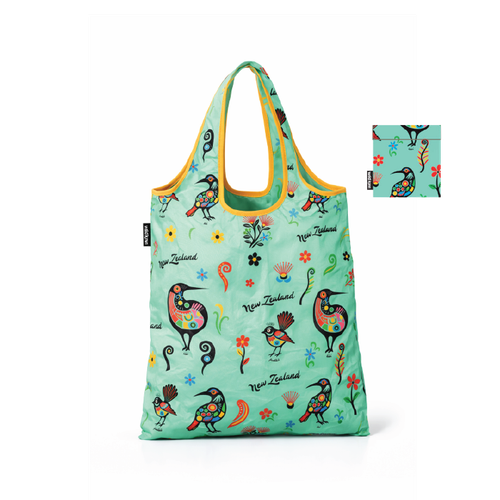 Reusable shopping bag with colourful New Zealand native bird design