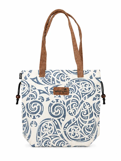 Cream Canvas Shoulder bag with blue kowhaiwhai