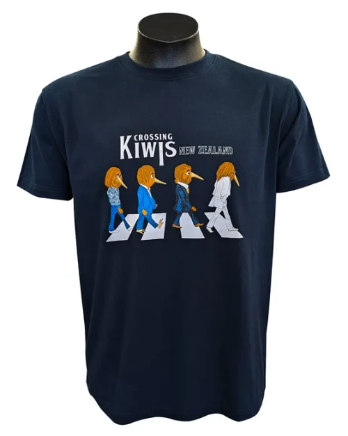 NZ Adult's Souvenir T-shirt - Navy Blue with Kiwis on a Pedestrian Crossing