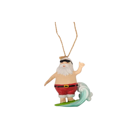 Surfing Santa 8cm hanging or freestanding Christmas decoration