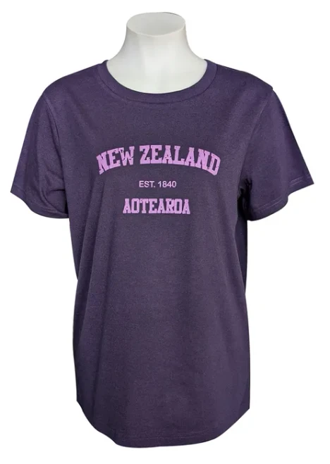 NZ Ladies' Souvenir T-Shirt - Purple with New Zealand Aotearoa est 1840