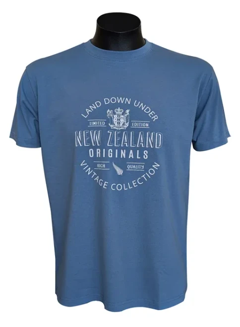 NZ Souvenir Adult's T-Shirt - Blue NZ Originals with Coat of Arms