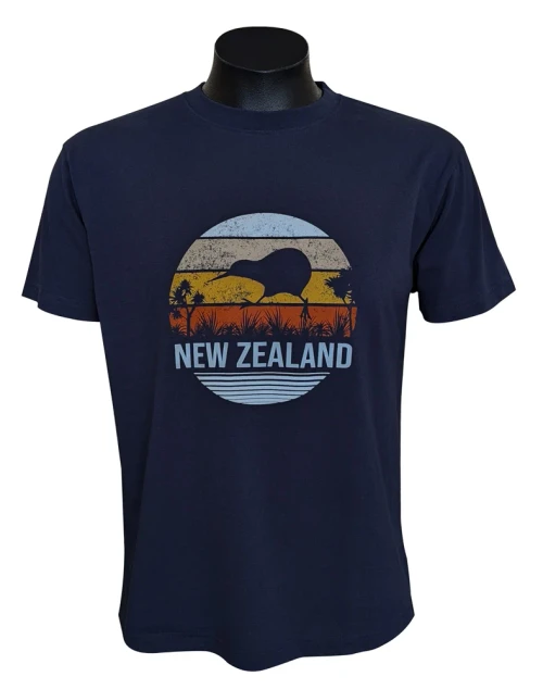 NZ Souvenir Adult's T-Shirt -Navy with Kiwi with Sunset Background
